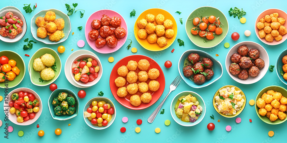 Happy Meatball Day Banner with an Assortment of Delicious Meatballs Happy Meatball Day Banner with an Assortment of Delicious Meatballs