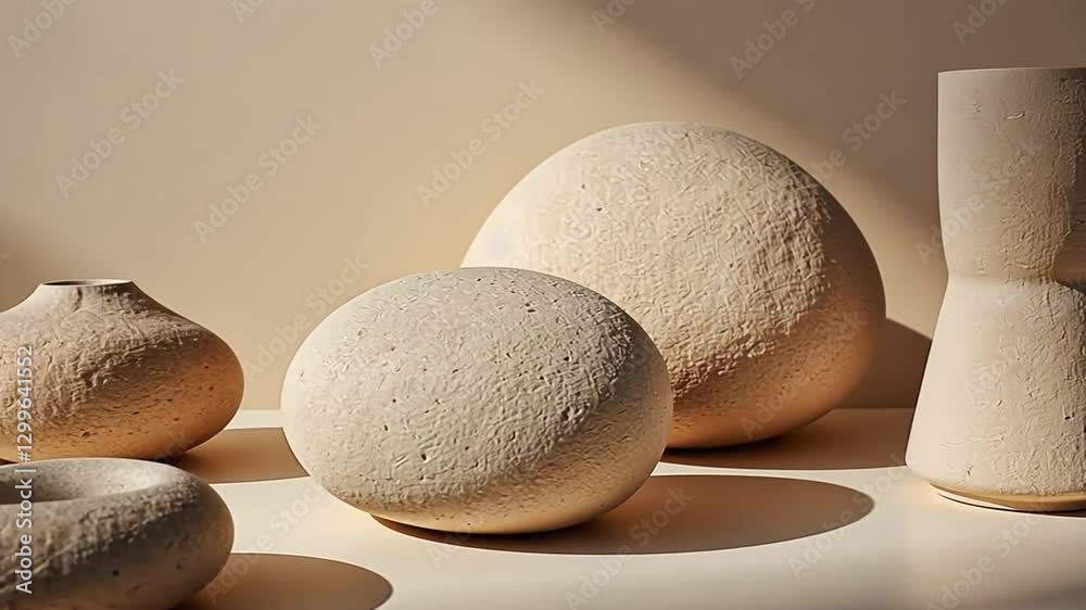 Elegant minimalist display of textured ceramic vases and spherical forms