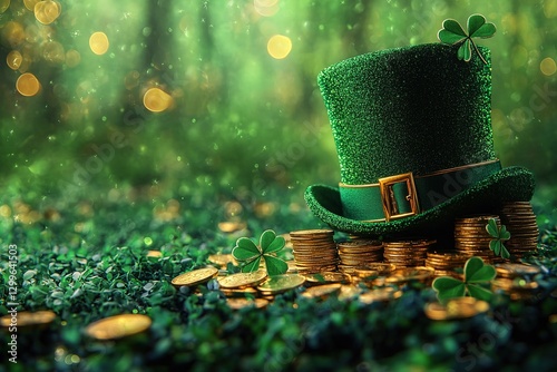 Leprechaun hat and clover leaves on green glitter background, space for text. St Patrick's Day celebration