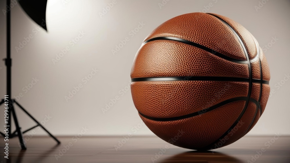 Fototapeta premium Basketball Spotlight: An iconic basketball, the symbol of athletic competition and team sport, is illuminated. The texture of the ball and its precise stitching details, 3D rendering
