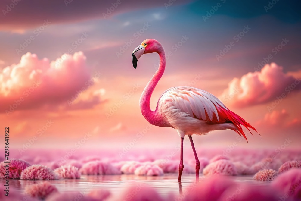 Fototapeta premium Panoramic Pink Flamingo in a Dreamy Pink Landscape - Surreal Generative AI Art