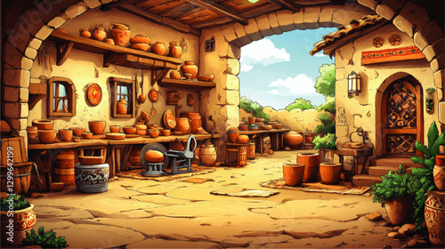 Ancient Rustic Pottery Workshop in Sunlit Backyard with Terracotta Pots and Lush Greenery - Explore Historic Artisan Craft and Cottage Architecture