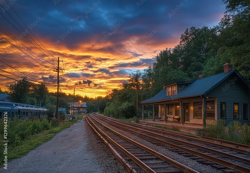 Fototapeta premium Scenic Sunset at Tranquil Train Station