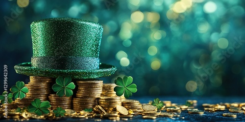 Leprechaun hat and clover leaves on green glitter background, space for text. St Patrick's Day celebration