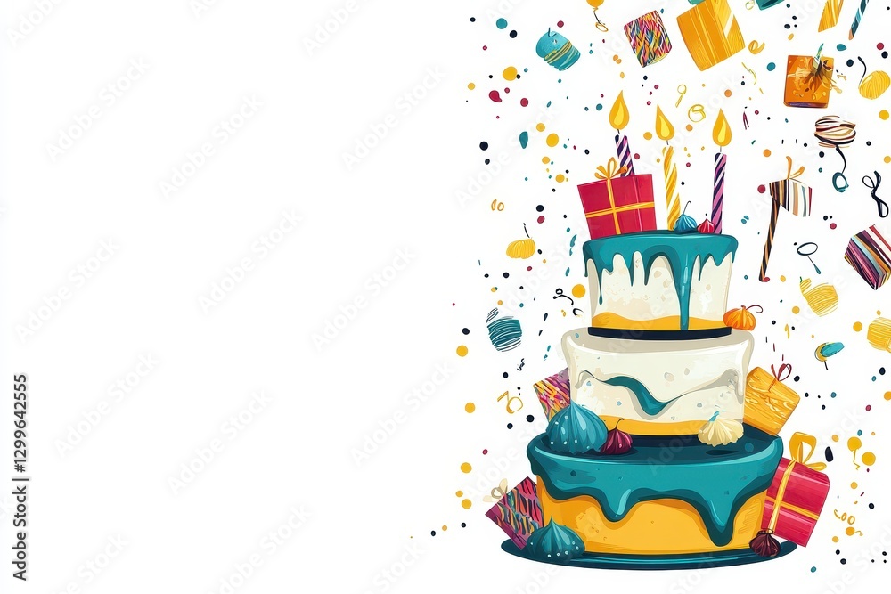 Fototapeta premium Colorful Birthday Cake Decoration with Gifts and Party Elements