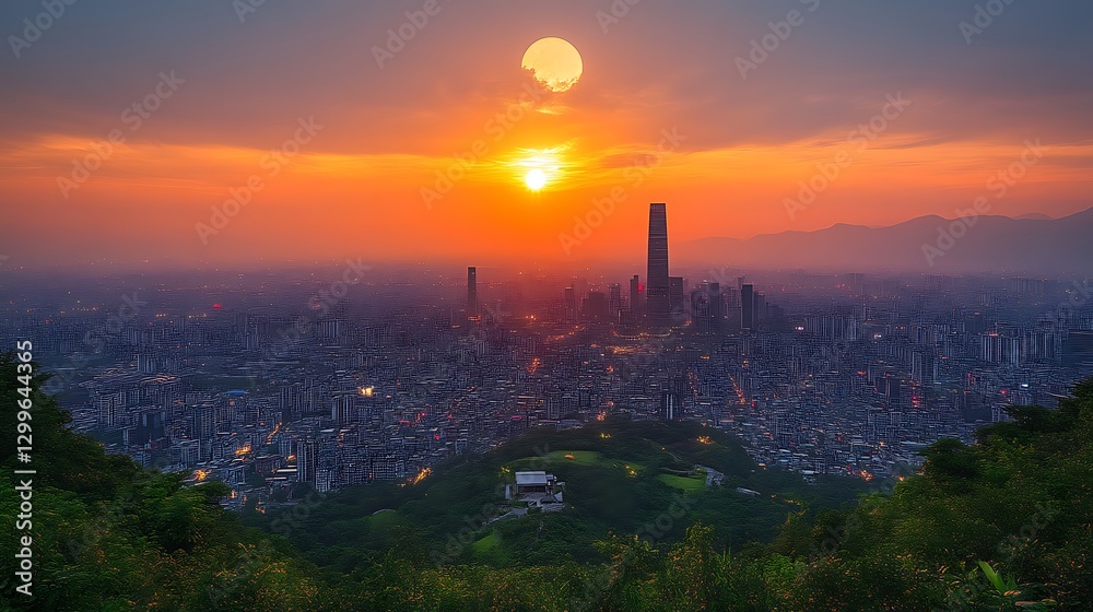 Fototapeta premium A Gorgeous Sunset Illuminates a City with a Large Moon Above