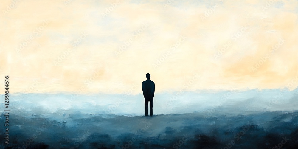 Man looking distance misty gradient Man looking distance misty gradient