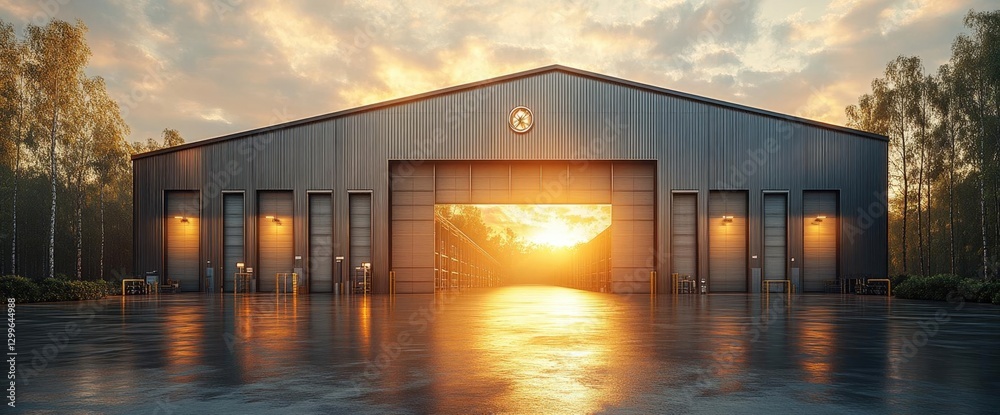 Fototapeta premium Rustic Metal Barn Facade at Sunset