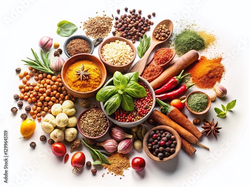 Panoramic View of Fresh Spices and Herbs Isolated on White Background - High-Resolution Stock Photo