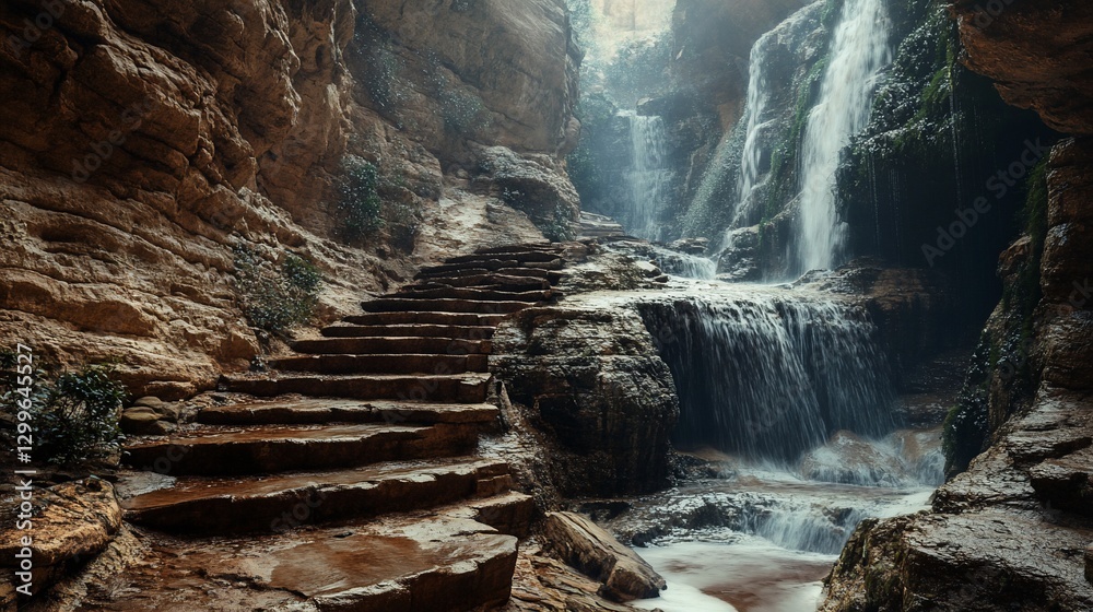 Naklejka premium Majestic Waterfall Cascading Down Rocky Cliffs with Stone Steps