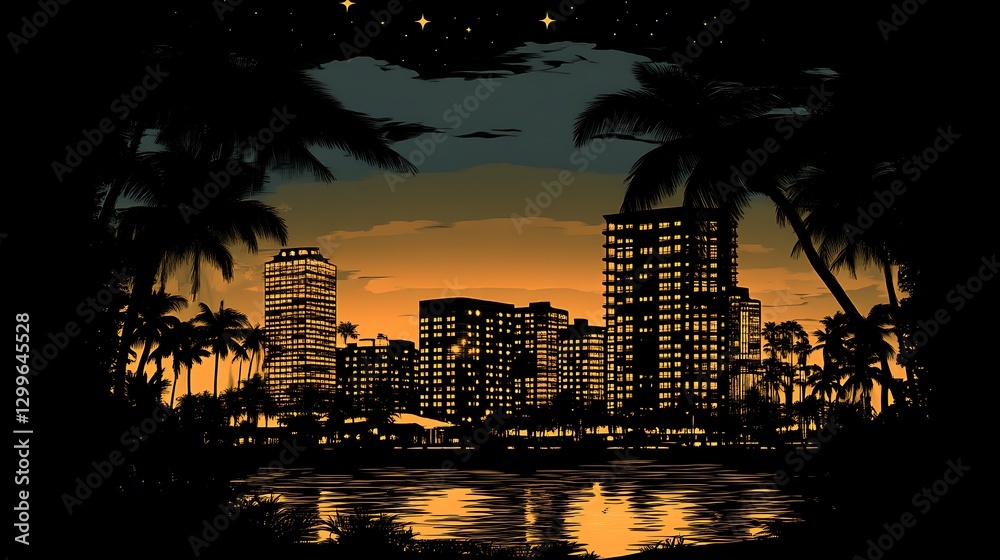 Obraz premium Tropical Cityscape at Dusk Illuminating Buildings and Palms