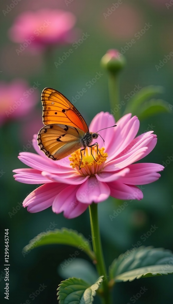 Beautiful butterfly resting on delicate petals of pink spring flower, flower, petals, nature Beautiful butterfly resting on delicate petals of pink spring flower, flower, petals, nature