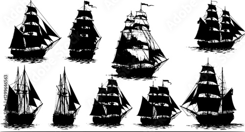 set of ships silhouette on white background vector
