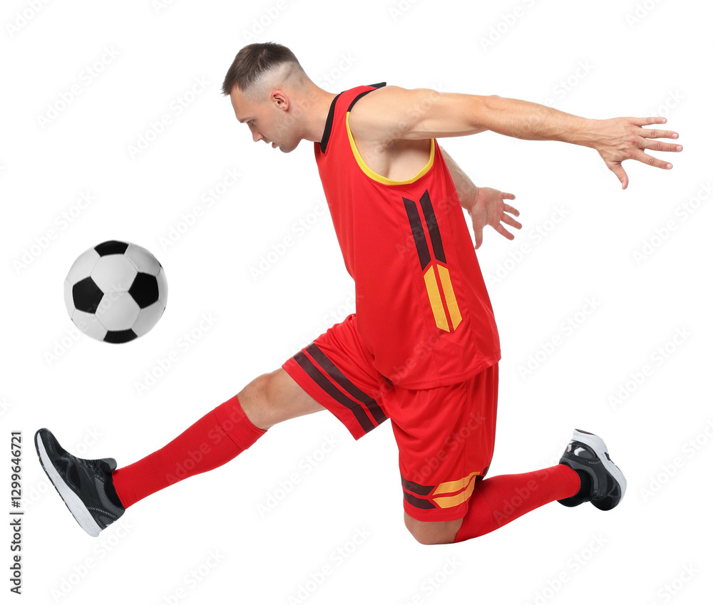 Football player in sportswear kicking soccer ball on white background Football player in sportswear kicking soccer ball on white background