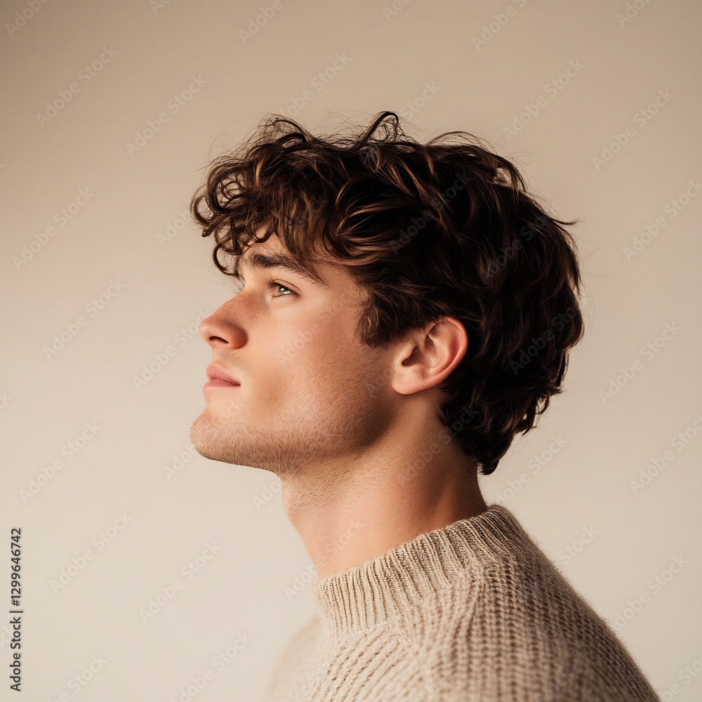 Male model looking sideways beige neutral Male model looking sideways beige neutral