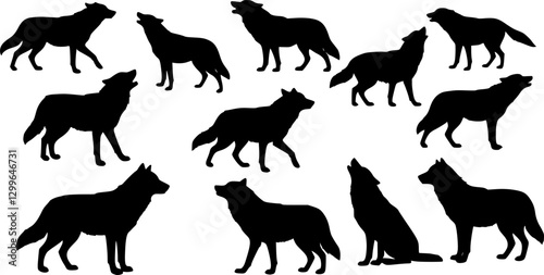 wolves in different poses collection, set silhouette on white background vector

