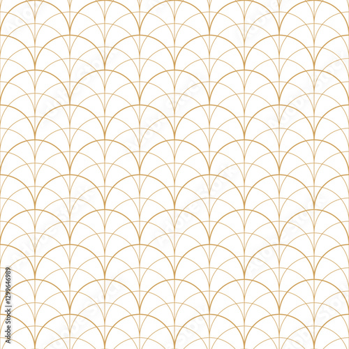 Delicate golden arcs interlock to form a mesmerizing Art Deco-inspired pattern. The design creates a sense of elegance and sophistication on a crisp white background.