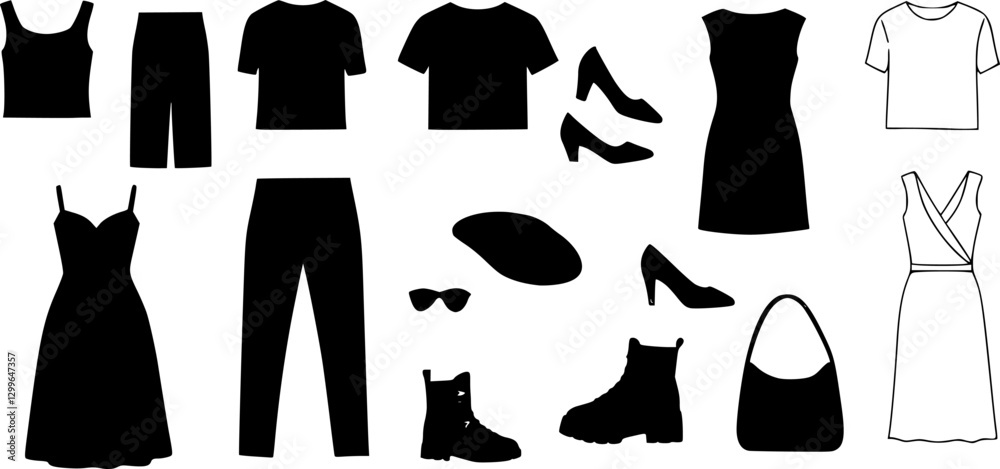Fototapeta premium Set of women's fashion clothes for every day in flat style on white background, vector 