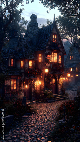 Pixelated Village Evening Scene With Glowing Houses