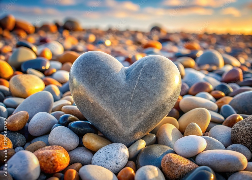Heart-Shaped Stone on Pebble Beach, Dramatic Light Heart-Shaped Stone on Pebble Beach, Dramatic Light