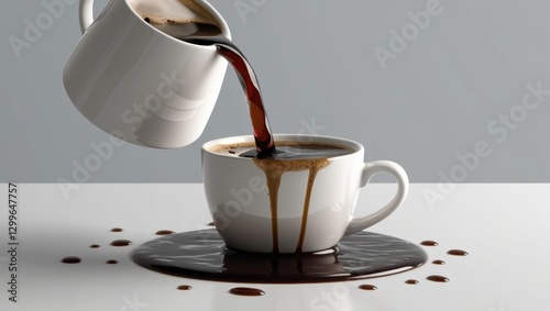 Overflow Coffee: A moment of spill as rich, dark coffee cascades from a delicate porcelain pitcher, overflowing into a pristine cup, creating a puddle on the surface, 3d rendering