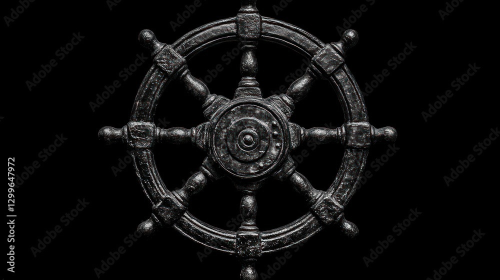 Obraz premium Dark Ship's Wheel: A Monochromatic Study in Navigation and Control