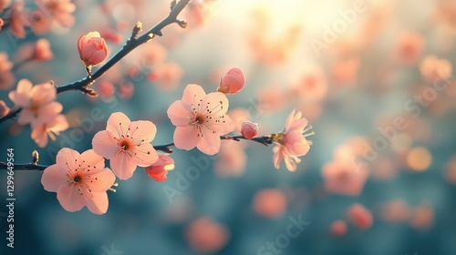 Soft Pink Cherry Blossom Flowers Blooming on Branch Against Gentle Blurred Background of Spring Garden in Morning Light photo