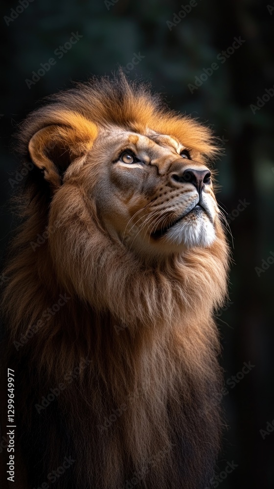 Fototapeta premium Majestic Lion Gazing Up, Forest Background, Wildlife Portrait