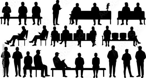 Vector, isolated silhouette of sitting people, large collection, sitting man and girl
