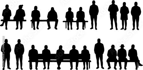 Vector, isolated silhouette of sitting people, large collection, sitting man and girl

