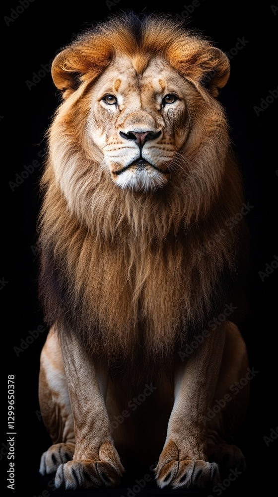 Fototapeta premium Majestic lion portrait, black background, studio