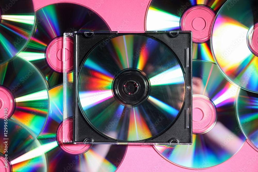 Many shiny compact discs on pink background, flat lay Many shiny compact discs on pink background, flat lay
