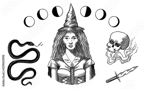Young witch and wizardry elements for magic rituals or tarot deck, snake, skull, moon Halloween different witchcraft and sorcery things magician voodoo hand drawn engraved set . moon phases