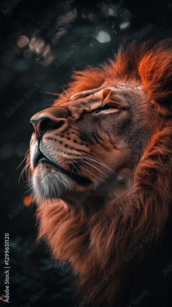 Naklejka premium Majestic lion resting, savanna, nightfall, wildlife