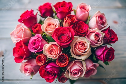 Pink and Red Rose Bouquet, Close-Up Top View, Floral Photography