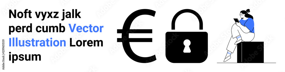 Euro symbol next to padlock representing security and woman reading on phone. Ideal for fintech, cybersecurity, mobile apps, online security, identity protection, password management, digital