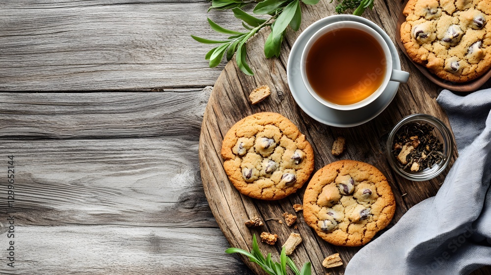 Delicious Chocolate Chip Cookies and Tea on Rustic Wood Delicious Chocolate Chip Cookies and Tea on Rustic Wood