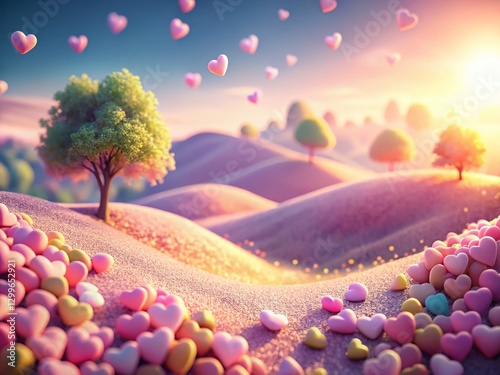 Pink Landscape with Scattered Candy Hearts - Sweet Valentine's Day Scene