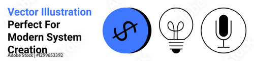 Blue dollar sign, simple lightbulb, and microphone icons symbolize finance, creativity, and communication. Ideal for technology, innovation, finance, education apps marketing and flat landing page