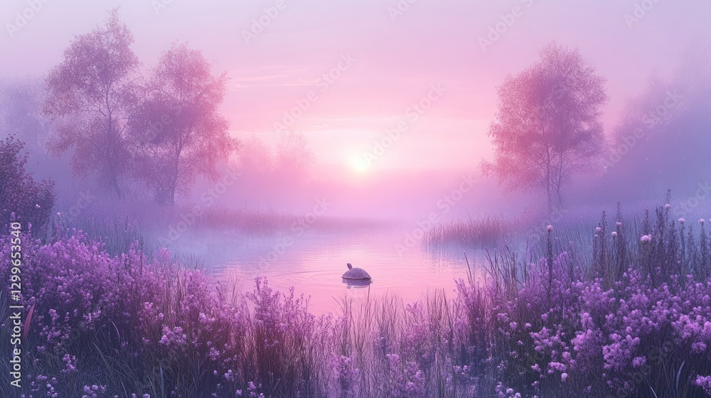 Obraz premium Misty sunrise lake, bird, purple flowers, peaceful scene