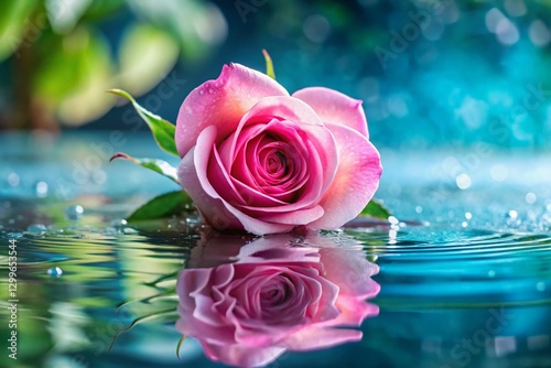 Pink Rose by Tranquil Pool - Serene Water Droplets & Flower Photography