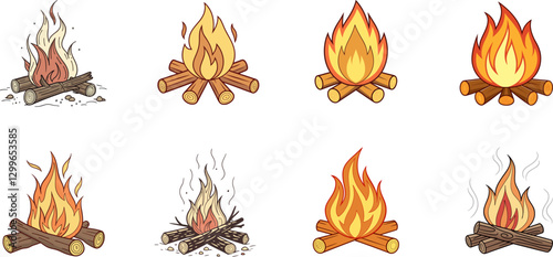 Collection of Illustrated Fire Elements. Cartoon Flame Vectors for Design Projects.