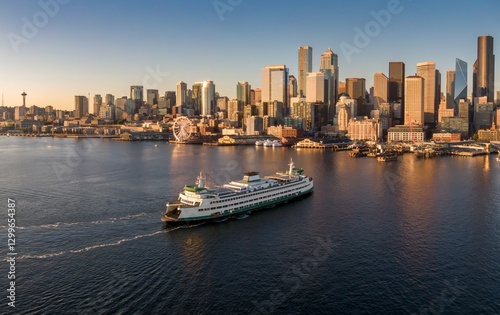 Seattle ferry glides through Puget Sound, past iconic skyline. Beautiful morning light. Waterfront, Seattle, Washington, USA photo