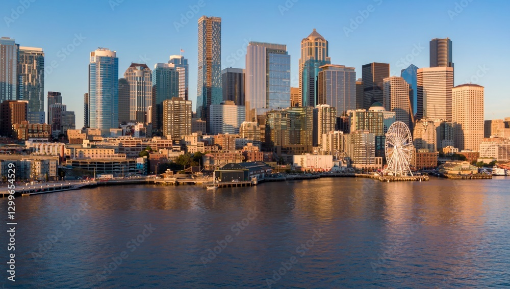 Fototapeta premium Seattle skyline at sunrise, reflecting on the water. Iconic buildings and the Great Wheel. Beautiful city view, Seattle, Washington, USA