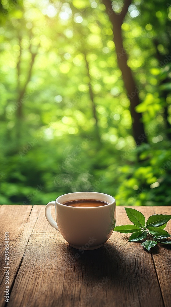 Morning tea, forest view, wooden table, sunlit Morning tea, forest view, wooden table, sunlit