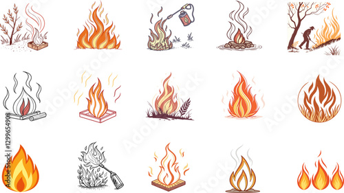 Collection of Illustrated Fire Elements. Cartoon Flame Vectors for Design Projects.