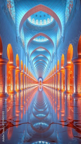 Mosque interior, vibrant light, arches, reflection, prayer