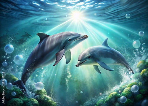 Playful Dolphins & Bubbles: Underwater Marine Mammal Scene