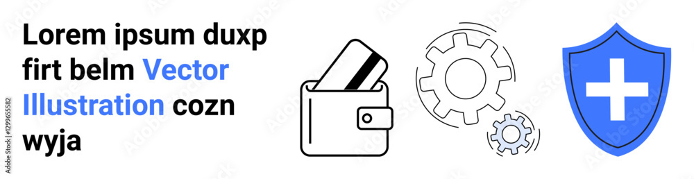 Digital wallet with credit card, gear mechanisms, and shield with cross. Ideal for finance, technology, security, online payments, fintech data protection e-commerce. Landing page Digital wallet with credit card, gear mechanisms, and shield with cross. Ideal for finance, technology, security, online payments, fintech data protection e-commerce. Landing page