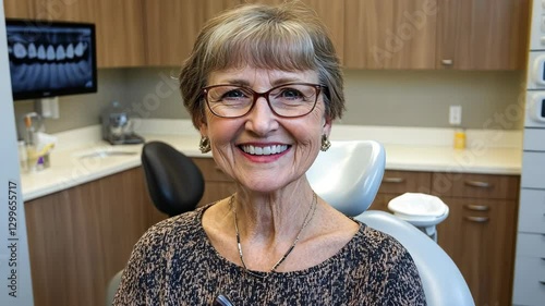 Smiling elderly woman at dentist office preparing for oral check-up with friendly atmosphere and modern equipment